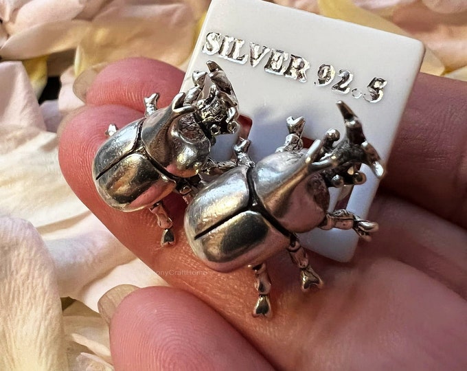Rhinoceros beetle silver earrings, Unicorn beetle earrings, 925 Sterling silver, Horn beetle earrings, uniquely gift, Ship from U.S.A