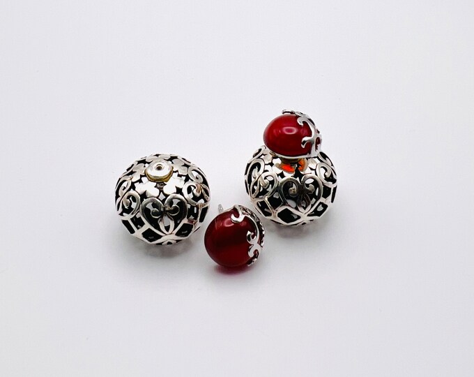 Natural Red Garnet sterling silver earrings - 925 Sterling silver studs earrings - garnet double studs filigree earrings - Jewelry gift