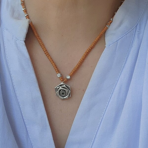 sterling silver rose waxed cord necklace rose silver Karen Hill  tribe beads  Handmade 16 inch