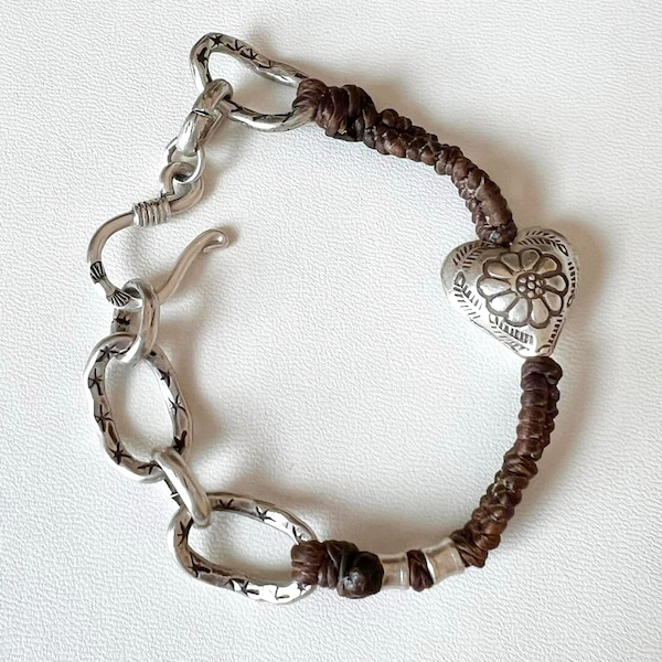 sterling silver heart bracelet wax thread woven with Karen Hill sterling silver heart charm 6.5 inch