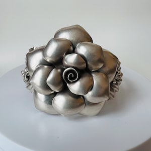 Sterling Silver Large Rose Cuff Bracelet. handmade silver rose cuff bangle. rose silver Jewelry