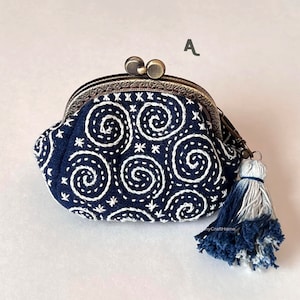 handmade coin purse. indigo-dyed fabric. Hand Embroidery pouch. cosmetic bag. personalized gift