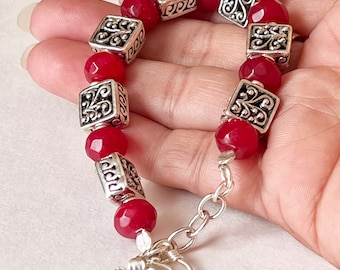 Handmade Thai Ruby Bracelet, Sterling Silver, Adjustable Length.