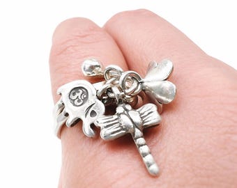 Sterling silver dangle ring, charm elephant dangle ring, flowers dragonfly ring - Dangling Charm Ring