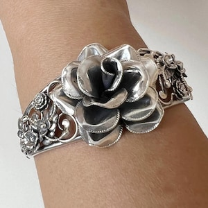 Sterling silver Rose cuff bracelet, large rose silver, Elegant Rose Cuff Bracelet - Floral rose Design, adjustable rose cuff, gift for her