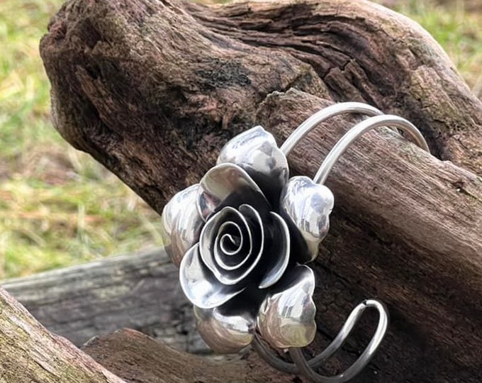 rose bangle silver, large rose cuff silver, sterling silver rose cuff, large single rose cuff large rose bracelet rose silver cuff