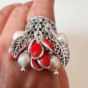 Sterling Silver Dangle Ring with Coral, Pearls, and Leaf Charms – Floral Motif Band, adjustable dangle silver ring, gift for her