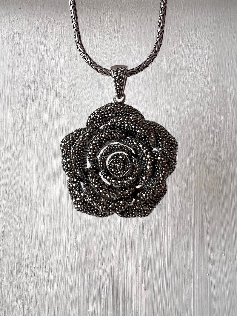 Sterling Silver Rose Marcasite Pendant, Rose Pendant, 3D Rose Sterling ...