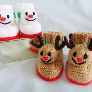 Snowman and Reindeer Baby Booties Knitting Pattern (Digital Download)