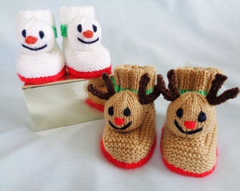 Snowman and Reindeer Baby Booties Knitting Pattern, Digital Download, Christmas Booties,  Novelty Booties, English Language Pattern