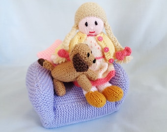 Doll Knitting Pattern: Poppy Doll, Puppy & Armchair (Digital Download)