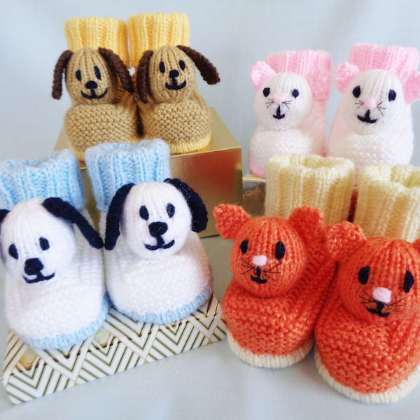 Baby Booties Knitting Pattern, Instant Digital Download, Puppy and kitten baby Booties Pattern, Novelty Booties, English Language  Pattern,