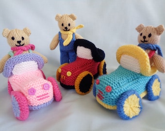 Teddy Bear Knitting Pattern, Teddy and car, Knitting Pattern, Instant Digital Download, Knitted Car, English Language knitting pattern