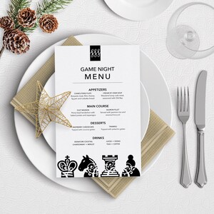Menu wieczoru gry w szachy, szablon do wydruku, natychmiastowe pobranie