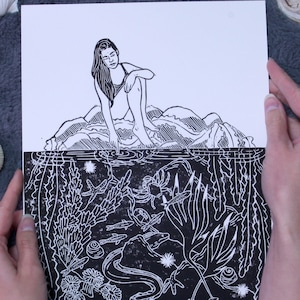 Time And Tide Wait For No One - hand burnished lino-cut/block print - printed by hand, ocean art, nautical, coastal, tide pool, ocean art