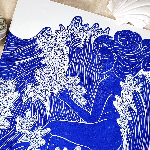 Ocean Dreamer - met de hand gedrukte lino-cut, blokdruk, houtgesneden kunstdruk - oceaan, strand, nautisch, zeemeermin in de golven, kunst aan de muur, interieur