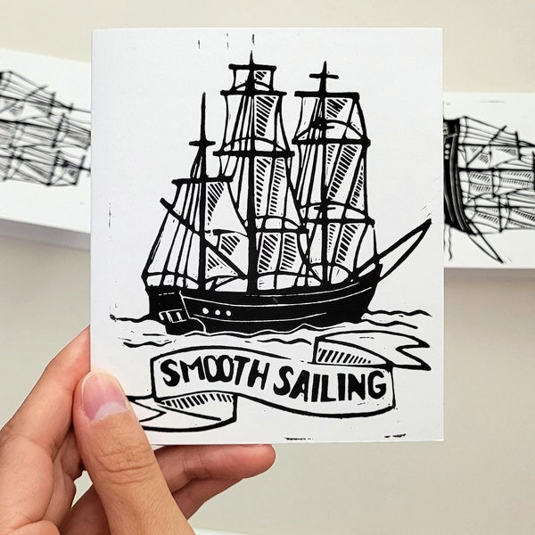 Smooth Sailing Card - tarjeta de corte lino/impresión en bloque que representa un barco alto - hecho a mano/impreso a mano - arte oceánico, playa, regalo, nota