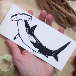 Hammerhead Shark hand-printed lino-cut block print bookmark, mini-print ocean, sea, swim, surf, dive image 1