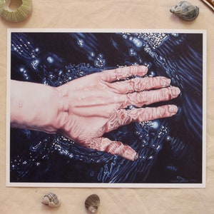 Thalassophile - digital reproduction of an original oil painting depicting someone running their hand through water - summer, swim, ocean