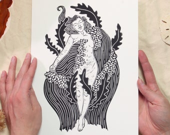 Mermaid in Waves - Handmade block print - lino-cut printed by hand depicting a mermaid swimming in the waves and kelp seaweed