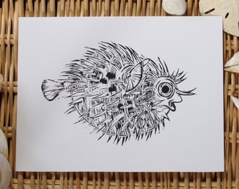 Handmade Block Print/Lino-cut Print - Porcupine Fish - Puffer Fish - Blow Fish - ocean art, surf art, marine animal, tropical fish, wall art