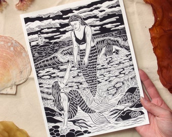 Let's Go! - hand-printed lino-cut/block print depicting some mermaids going for an ocean dip - ocean, sea, nautical, surf, swim