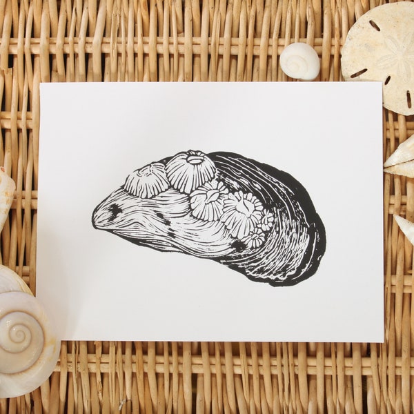 Handmade block Print/Lino-cut relief print - Mussel Shell with Barnacles - ocean art, beach art, wall art, home decor, surf art, sea shell