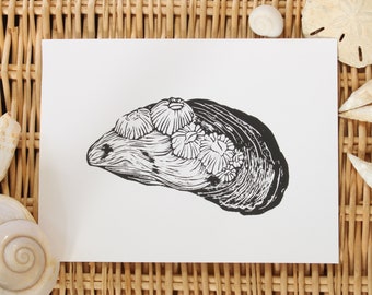 Handmade block Print/Lino-cut relief print - Mussel Shell with Barnacles - ocean art, beach art, wall art, home decor, surf art, sea shell