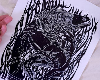 Sea Witch - hand-pressed lino-cut/block print depicting a moray eel in eel grass seaweed with the hands of a sea witch mermaid - ocean, surf
