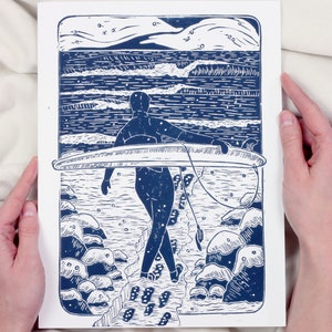 Cold Water Surf - Lino-cut, Block print depicting a surfer in the winter time - ocean, surf, wave, nautical, coastal, handmade, wall art