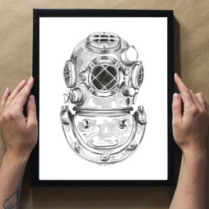May include: A black and white illustration of a vintage diving helmet with a round, metal frame and a large, circular window. The helmet has a variety of details, including a small, round window on the side, a valve on the top, and a series of bolts and rivets.