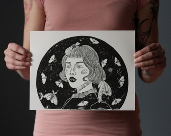 Moths to Flame - handmade lino-cut print - hand printed block print depicting a woman figure surrounded by moths