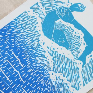 Mermaid in Ocean Waves - Handmade Block Print - Lino-cut Printmaking - Ocean print, beach print, surfer print, mermaid print