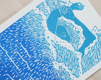 Mermaid in Ocean Waves - Handmade Block Print - Lino-cut Printmaking - Ocean print, beach print, surfer print, mermaid print