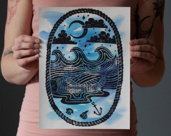 Mermaid in Moonlight - Handmade Lino-cut print - printed by hand block print - Mermaid Ocean Themed Wall Art