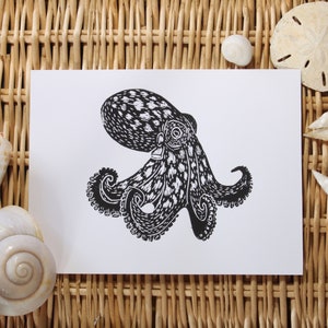 Handmade Block Print/Lino-cut Print - Octopus - ocean art, surf art, beach art, wall art, home decor, marine animal, sea creature