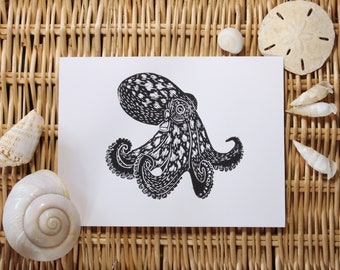 Handmade Block Print/Lino-cut Print - Octopus - ocean art, surf art, beach art, wall art, home decor, marine animal, sea creature