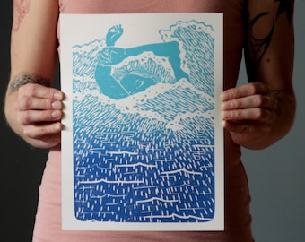 Mermaid in Ocean Waves - Handmade Block Print - Lino-cut Printmaking - Ocean print, beach print, surfer print, sirène print