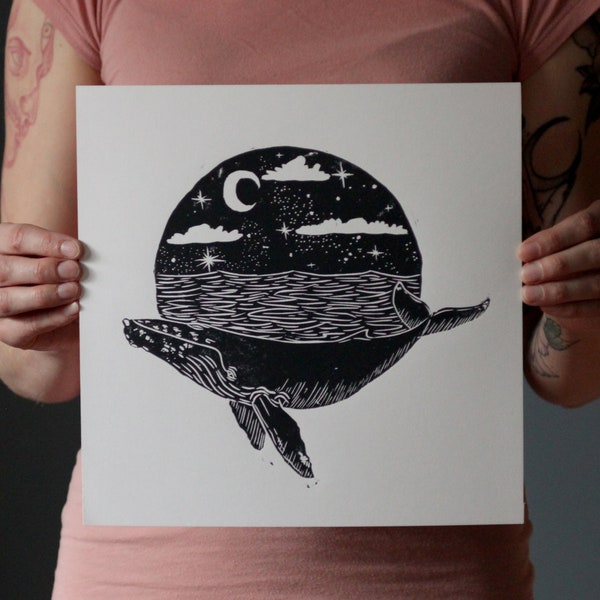 Humpback Whale in Moonlit Ocean Scene - Hand printed block print - lino cut print depicting a humpback whale in the ocean under the stars