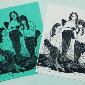 Selkies Linolschnitt mit der Darstellung von Selkies die ihre Robbenfelle aufziehen um in den Ozean zu springen Folklore, handmade, handmade Bild 2