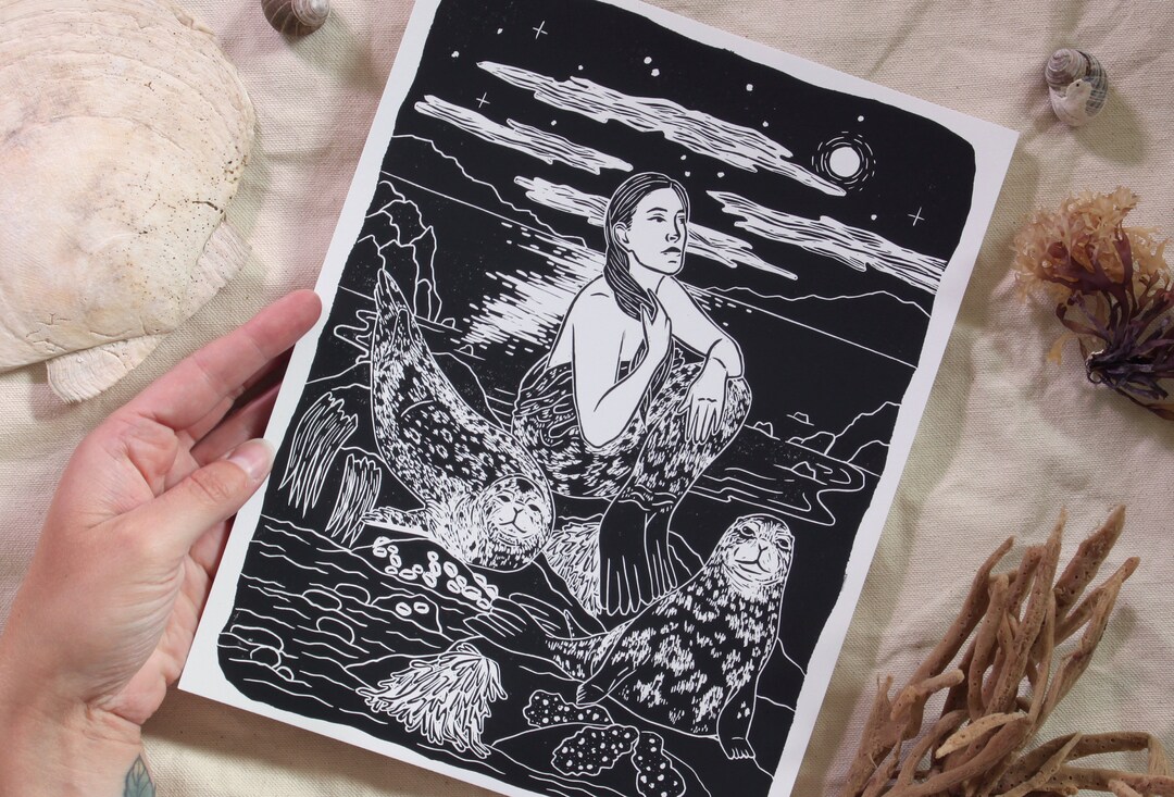 Selkies II - Lino-cut Block Print - Depicting Selkies Relaxing on the ...