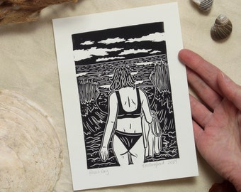 Beach Day - hand-printed linocut/block print depicting a swimmer walking to the beach - ocean, sea, swim, surf, summer, printmaking