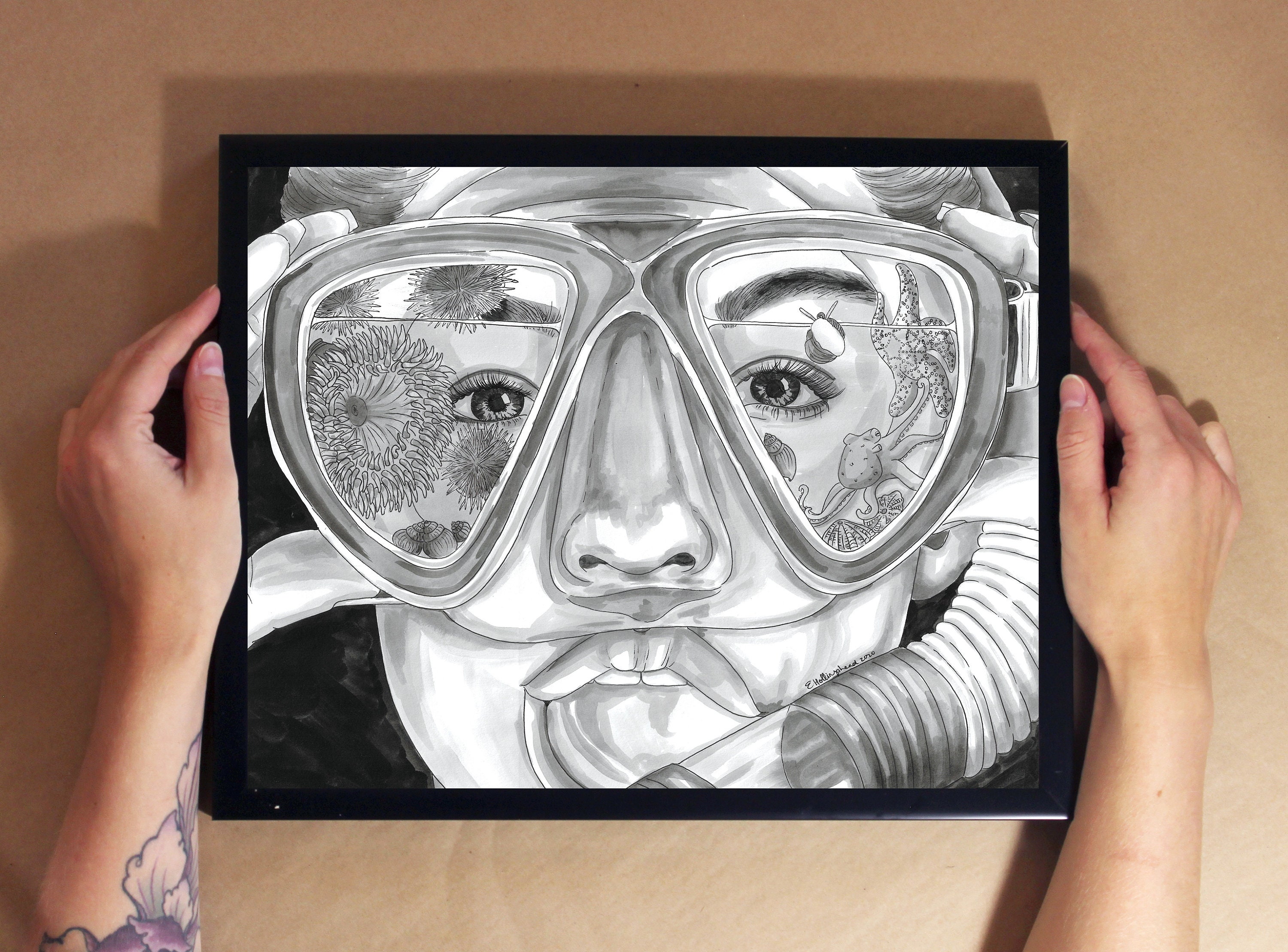 Tide Pool Goggles - Ink Line Drawing - Art Print, Wall Art, Coastal Home Decor - ocean artwork depicting a snorkeller with marine animals