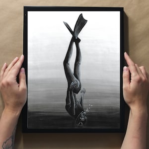 Free Diver - Ink Line Drawing - Art Print, Wall Art, Coastal Home Decor - ocean artwork depicting a snorkeller diving underwater