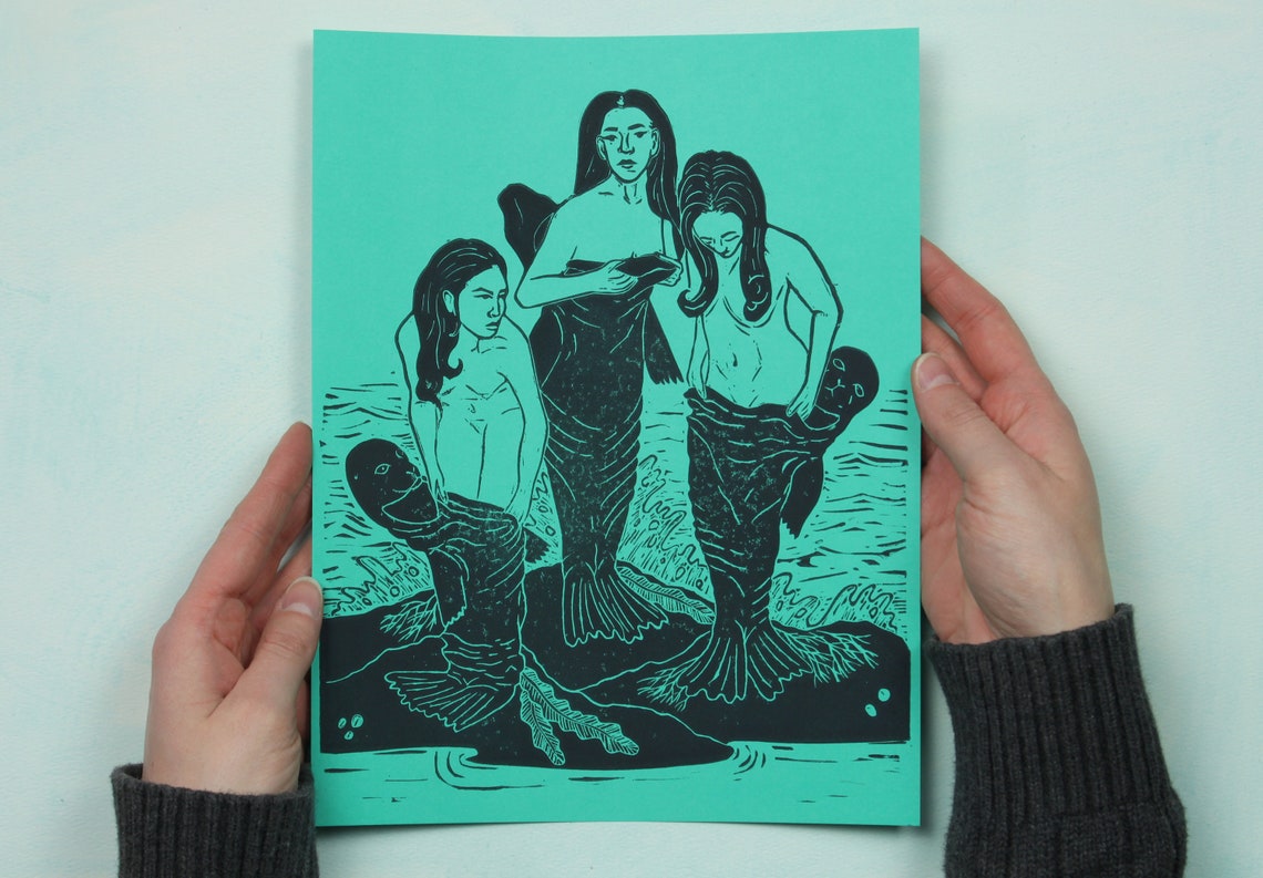 Selkies Linocut Block Print Depicting Selkies Putting on Etsy Australia