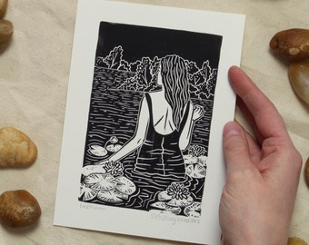 Lake Swim - hand-printed linocut/block print depicting a swimmer walking through the lily pads - outdoors, nature, landscape, summer