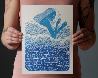 Handmade Block/Lino-cut Print - Mermaid in the Waves - nautical art, beach art, ocean art, surfing art, mermaid, waves, ocean