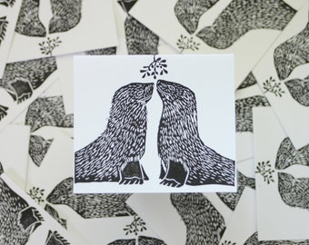 Holiday Card - Handmade Lino-cut print - Seals smooching under the mistletoe - ocean, beach, nautical, coastal, block print, stamp