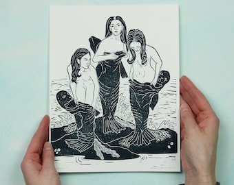 Selkies - Impresión en bloque cortada en lino que representa selkies poniéndose sus pieles de foca para saltar al océano - folklore, gente foca, hecho a mano