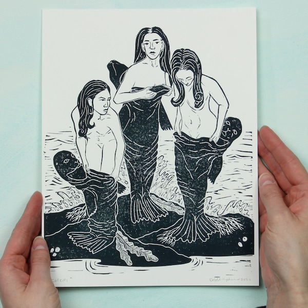 Selkies - Lino-cut Block Print depicting selkies putting on their seal skins to hop into the ocean - folklore, seal people, handmade